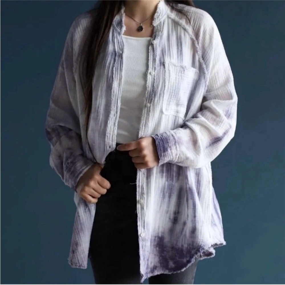 Aerie Gauzy Cotton Button Up Shirt Purple Tie Dye Boho Oversize Women’s Size XS